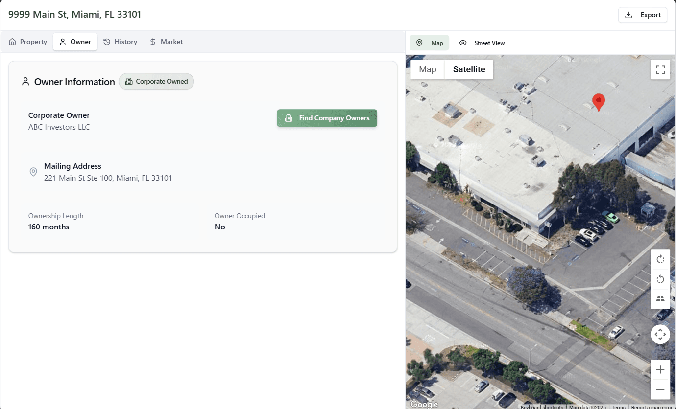 Commercial property ownership data showing corporate owner details, mailing address, and ownership length