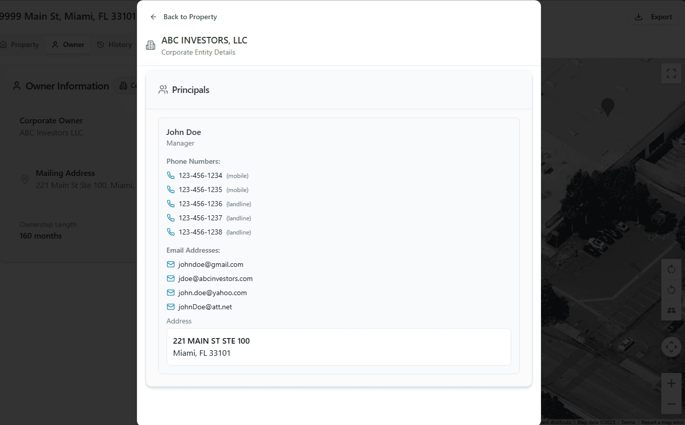 Corporate ownership structure showing LLC principals, contact information with direct phone numbers and emails
