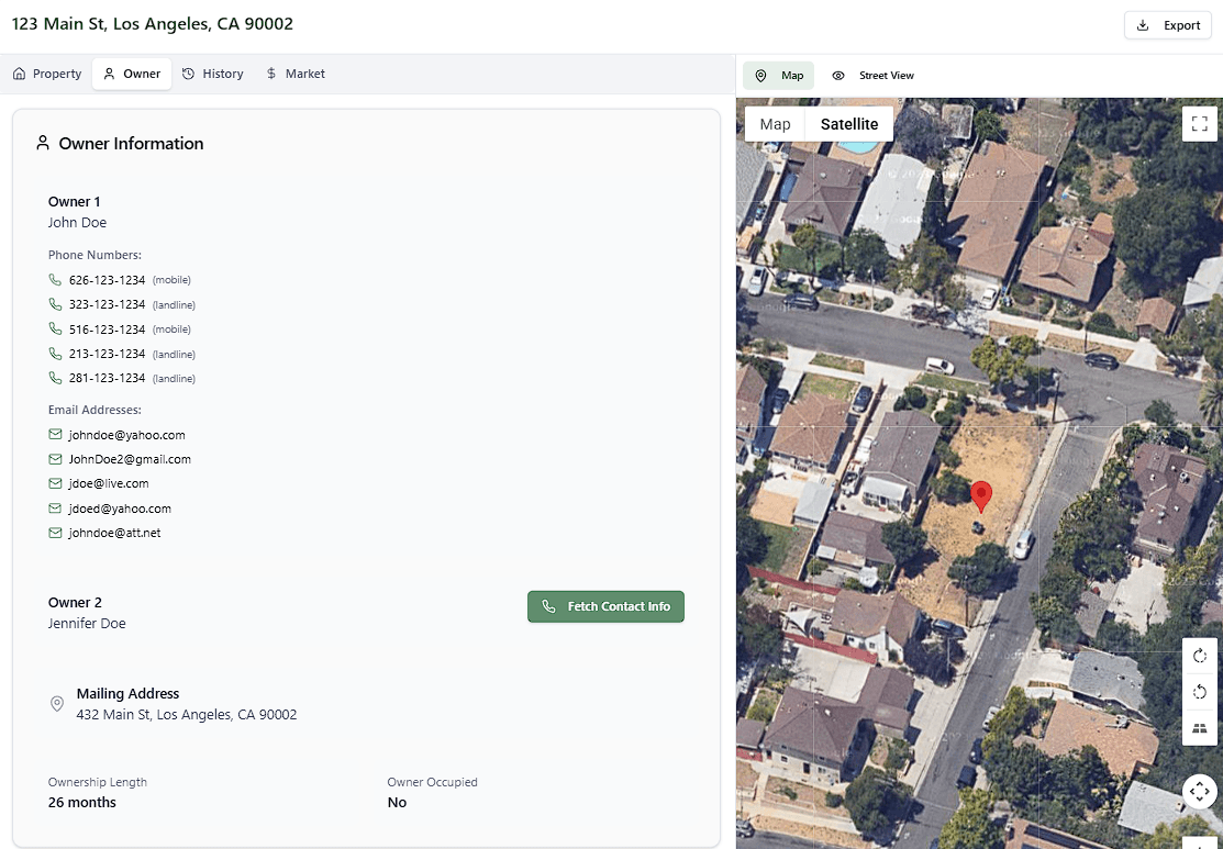 Residential property owner contact details showing verified phone numbers, email addresses and mailing address